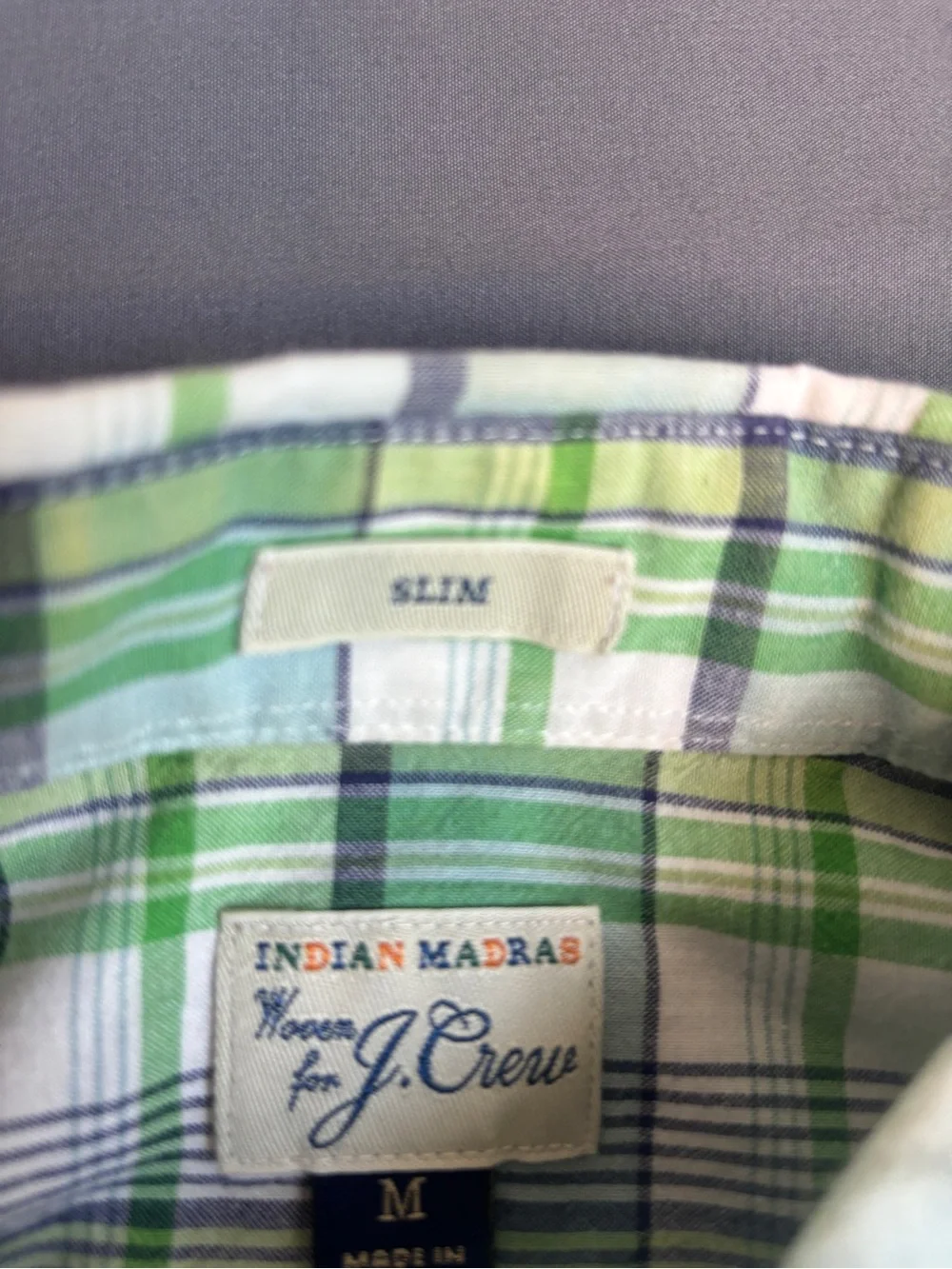 J.Crew Indian Madras Green Plaid Button Down Shirt Men's Medium Cotton